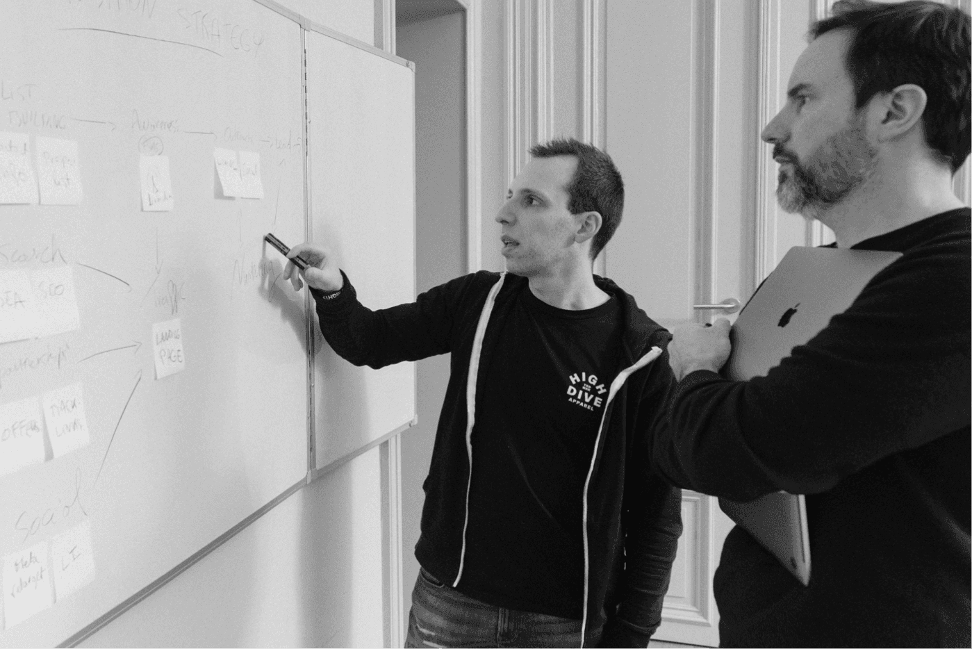 Two 26lights experts planning together at a whiteboard