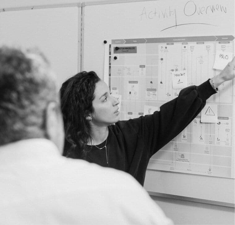 26lights mapping a process on a whiteboard with a client