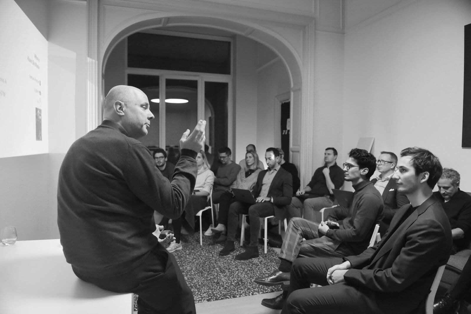A 26lights expert talking with a seated audience of founders