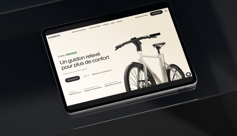 Cowboy e-bike website shown on a tablet