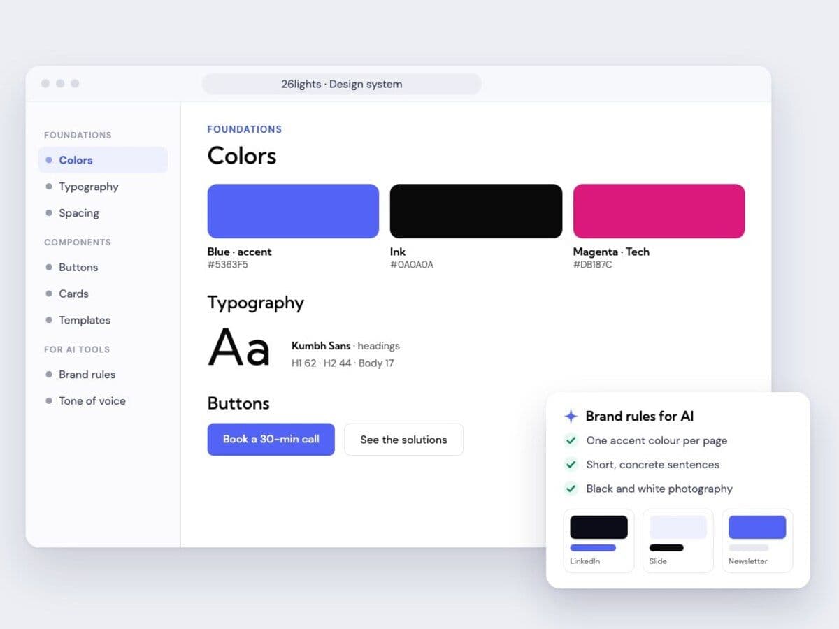The 26lights design system: colors, typography and buttons, with brand rules that AI tools follow and three formats in the same brand
